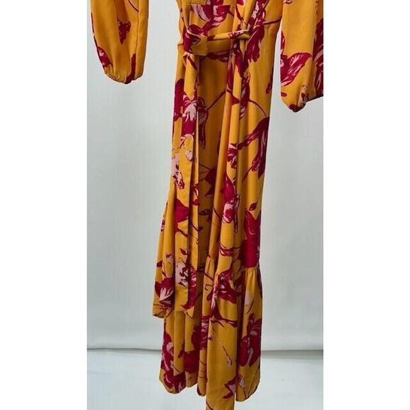 Color Me Courtney Eleanor Wrap Dress Tie Side 3/4 Sleeves V Neck Floral Yellow M - Picture 6 of 11